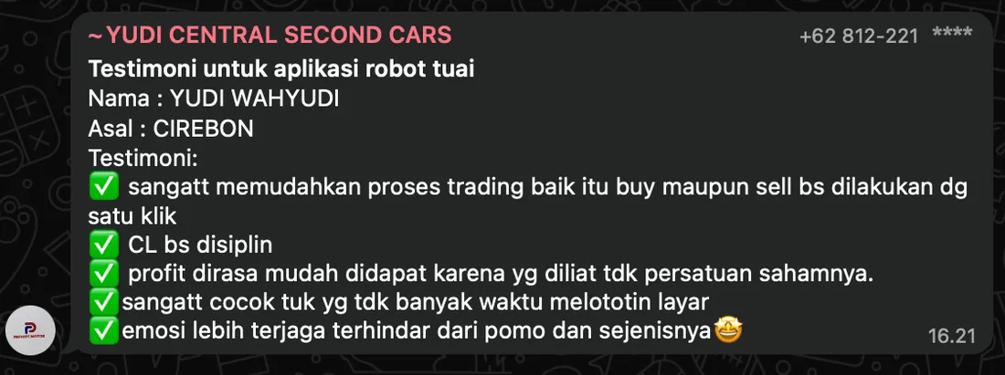 Screenshot testimoni Yudi Wahyudi (Cirebon): Sangat memudahkan proses trading, buy maupun sell bisa dilakukan dengan satu klik. Cut loss bisa disiplin. Sangat cocok untuk yang tidak banyak waktu melototin layar, dan emosi lebih terjaga, terhindar dari FOMO.